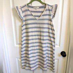 Loft 100% Cotton sleeveless summer dress v-neck Cream with blue stripes Ladies S